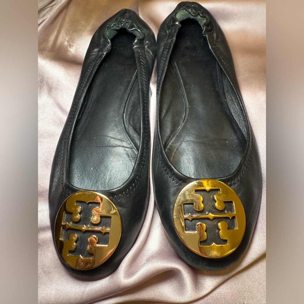 Tory Burch Black Leather Ballet Flats with Gold Logo Medallions - Picture 5 of 7